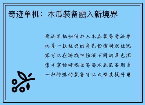 奇迹单机：木瓜装备融入新境界